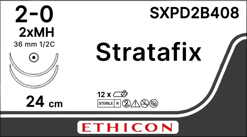 Stratafix Spiral PDO 2/0, нить 24+24 см, игла 36 мм, кол. 1/2 (1 шт) - рассасывающийся шовный материал, двунаправл., фиолет., 2 иглы, SXPD2B408