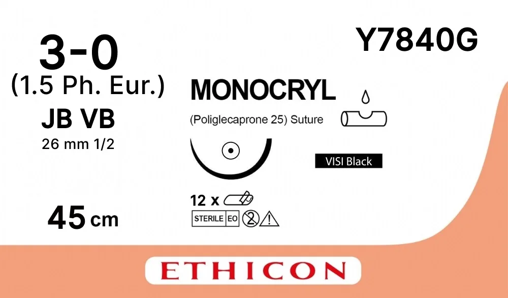 Монокрил 3/0, нить 8 х 70 см, игла 26 мм, кол. 1/2, ВизиБлэк (12 шт) - рассасывающийся шовный материал, фиолетовый, Y7840G