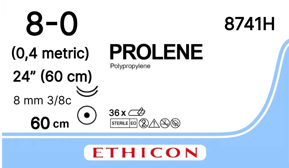 Prolene 8/0, нить 60 см, игла 8 мм х 2, кол. 3/8 (36 шт) - нерассасывающийся шовный материал, синий, 8741H