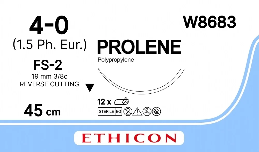 Prolene 4/0, нить 45 см, игла 19 мм, обр.реж. 3/8 (12 шт) - нерассасывающийся шовный материал, синий, W8683