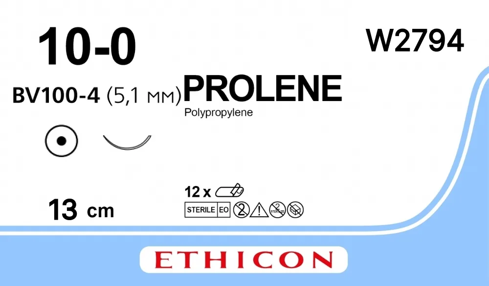 Prolene 10/0, нить 13 см, игла 5,1 мм, кол. 3/8 (12 шт) - нерассасывающийся шовный материал, синий, W2794