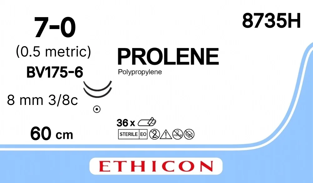 Prolene 7/0, нить 60 см, игла 8 мм х 2, кол. 3/8 (36 шт) - нерассасывающийся шовный материал, синий, 8735H
