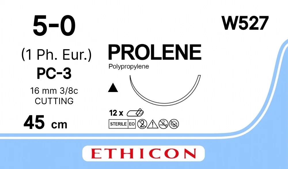Prolene 5/0, нить 45 см, игла 16 мм, реж. 3/8 (12 шт) - нерассасывающийся шовный материал, синий, W527