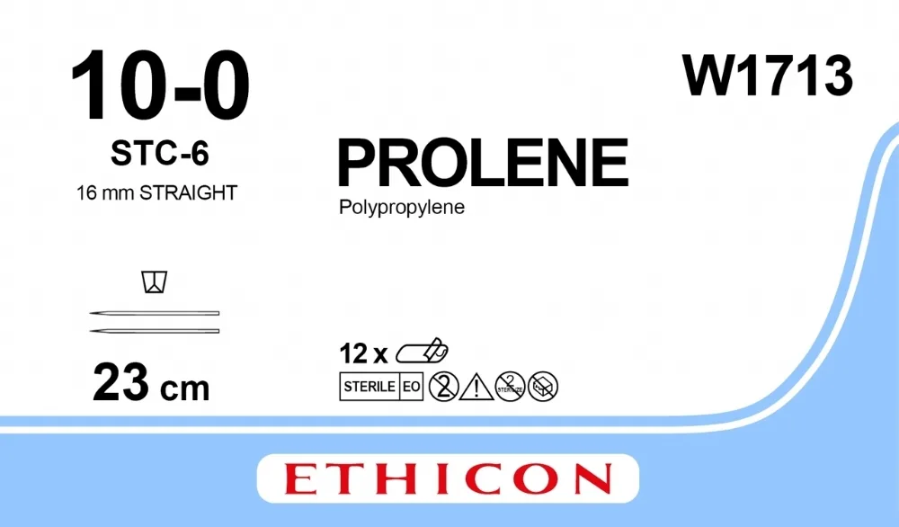 Prolene 10/0, нить 23 см, игла 16 мм х 2, шпательная (12 шт) - нерассасывающийся шовный материал, синий, МП прямая, W1713