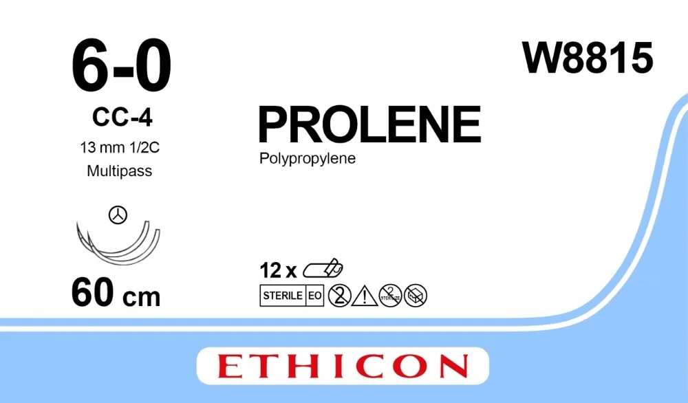 Prolene 6/0, нить 60 см, игла 13 мм х 2, СС 1/2 (12 шт) - нерассасывающийся шовный материал, синий, W8815