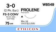 Prolene 3/0, нить 75 см, игла 16 мм, реж. 3/8 (12 шт) - нерассасывающийся шовный материал, синий, W8549