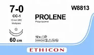 Prolene 7/0, нить 60 см, игла 13 мм х 2, СС 3/8 (12 шт) - нерассасывающийся шовный материал, синий, W8813