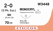Монокрил 2/0, нить 70 см, игла 26 мм, кол. 1/2 (12 шт) - рассасывающийся шовный материал, фиолетовый, W3448