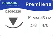 Премилен 4/0, нить 45 см, игла 19 мм, реж. 3/8 (36 шт) - нерассасывающийся шовный материал, С2090220