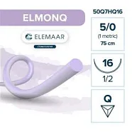 Elmonq 5/0, нить 75 см, игла 16 мм, обр.реж. 1/2 (12 шт) - шовный материал, 50Q7HQ16