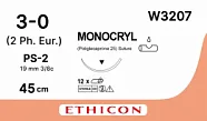Монокрил 3/0, нить 45 см, игла 19 мм, Прайм обр.реж. 3/8 (12 шт) - рассасывающийся шовный материал, неокрашенный, W3207