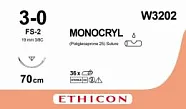 Монокрил 3/0, нить 70 см, игла 19 мм, обр.реж. 3/8 (12 шт) - рассасывающийся шовный материал, неокрашенный, W3202