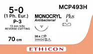 Монокрил Плюс 5/0, нить 70 см, игла 13 мм, Прайм обр.реж. 3/8 (12 шт) - рассасывающийся шовный материал, неокрашенный, MCP493H