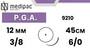 PGA (полигликолевая кислота) 6/0, 45 см, игла колющая 12 мм 3/8, 9210 (24 шт.), Medipac - шовный материал