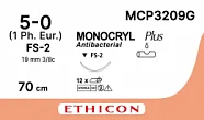 Монокрил Плюс 5/0, нить 70 см, игла 19 мм, обр.реж. 3/8 (12 шт) - рассасывающийся шовный материал, неокрашенный, MCP3209G