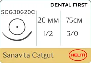 Кетгут Sanavita (простой) 3/0 (№3), нить 75 см, игла 20 мм, кол. (1 шт) - рассасывающийся шовный материал, SCG30G20C
