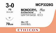 Монокрил Плюс 3/0, нить 70 см, игла 26 мм, обр.реж. 3/8 (12 шт) - рассасывающийся шовный материал, неокрашенный, MCP3326G