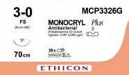 Монокрил Плюс 3/0, нить 70 см, игла 26 мм, обр.реж. 3/8 (12 шт) - рассасывающийся шовный материал, неокрашенный, MCP3326G