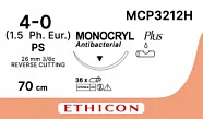 Монокрил Плюс 4/0, нить 70 см, игла 26 мм, Прайм обр.реж. 3/8 (12 шт) - рассасывающийся шовный материал, неокрашенный, MCP3212H