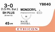 Монокрил 3/0, нить 8 х 45 см, игла 26 мм, кол. 1/2 (12 шт) - рассасывающийся шовный материал, фиолетовый, Y864G