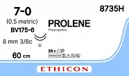 Prolene 7/0, нить 60 см, игла 8 мм х 2, кол. 3/8 (36 шт) - нерассасывающийся шовный материал, синий, 8735H