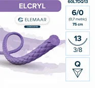 Elcryl 6/0, нить 75 см, игла 13 мм, обр.реж. 3/8 (12 шт) - шовный материал, 60L7DQ13