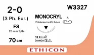 Монокрил 2/0, нить 70 см, игла 26 мм, обр.реж. 3/8 (12 шт) - рассасывающийся шовный материал, неокрашенный, W3327