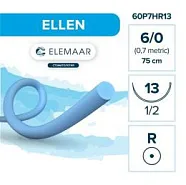 Ellen 6/0, нить 75 см, игла 13 мм, кол. 1/2 (12 шт) - шовный материал, 60P7HR13
