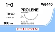 Prolene №1, нить 100 см, игла 31 мм, ТроакарПойнт 1/2 (12 шт) - нерассасывающийся шовный материал, синий, массивная, W8440