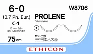 Prolene 6/0, нить 75 см, игла 13 мм х 2, кол. 3/8 (12 шт) - нерассасывающийся шовный материал, синий, W8706