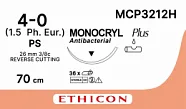 Монокрил Плюс 4/0, нить 70 см, игла 26 мм, Прайм обр.реж. 3/8 (12 шт) - рассасывающийся шовный материал, неокрашенный, MCP3212H
