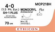 Монокрил Плюс 4/0, нить 70 см, игла 22 мм, кол. 1/2 (12 шт) - рассасывающийся шовный материал, фиолетовый, MCP218H