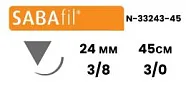 Нейлон Sabana Sabafil 3/0, нить 45 см, игла DS-24 24 мм, обр.реж. 3/8 (1 шт) - нерассасывающийся шовный материал, чёрный, N-33243-45