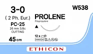 Prolene 3/0, нить 45 см, игла 25 мм, реж. 3/8 (12 шт) - нерассасывающийся шовный материал, синий, W538