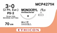 Монокрил Плюс 3/0, нить 70 см, игла 19 мм, Прайм обр.реж. 3/8 (12 шт) - рассасывающийся шовный материал, неокрашенный, MCP4271H