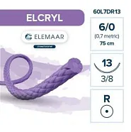 Elcryl 6/0, нить 75 см, игла 13 мм, кол. 3/8 (12 шт) - шовный материал, 60L7DR13