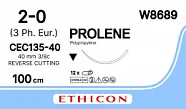 Prolene 2/0, нить 100 см, игла 40 мм, реж. 3/8 (12 шт) - нерассасывающийся шовный материал, синий, W8689