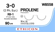 Prolene 3/0, нить 90 см, игла 17 мм х 2, кол. 1/2 (12 шт) - нерассасывающийся шовный материал, синий, W8558