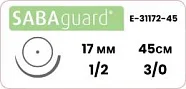 Полиэстер Sabana Sabaguard 3/0, нить 45 см, игла HR-17 17 мм, тупоконечная 1/2 (1 шт) - нерассасывающийся шовный материал, зелёный, E-31172-45