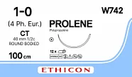 Prolene №1, нить 100 см, игла 40 мм, кол. массивная 1/2 (12 шт) - нерассасывающийся шовный материал, синий, W742