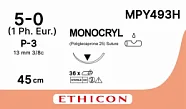 Монокрил 5/0, нить 45 см, игла 13 мм, Прайм обр.реж. 3/8 (12 шт) - рассасывающийся шовный материал, неокрашенный, MPY493H