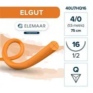Elgut 4/0, нить 75 см, игла 16 мм, обр.реж. 1/2 (12 шт) - шовный материал, 40U7HQ16