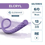 Elcryl 6/0, нить 75 см, игла 13 мм, кол. с квад.сеч. 3/8 (12 шт) - шовный материал, 60L7DRE13