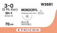 Монокрил 3/0, нить 70 см, игла 22 мм, кол. 1/2 (12 шт) - рассасывающийся шовный материал, фиолетовый, W3661