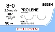 Prolene 3/0, нить 90 см, игла 17 мм х 2, кол. 1/2 (36 шт) - нерассасывающийся шовный материал, синий, 8558H