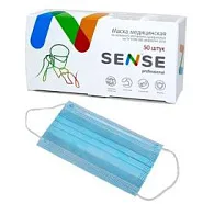 Маски Sense 3-х слойные на резинке, голубые (50 шт)