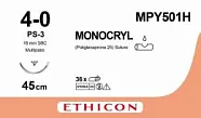 Монокрил 4/0, нить 45 см, игла 16 мм, Прайм обр.реж. 3/8 (12 шт) - рассасывающийся шовный материал, неокрашенный, MPY501H