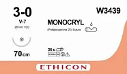 Монокрил 3/0, нить 70 см, игла 26 мм, кол.-реж. 1/2 (12 шт) - рассасывающийся шовный материал, неокрашенный, W3439