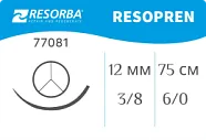 Резопрен 6/0, нить 75 см, игла 12 мм, таперкат 3/8 (1 шт) - нерассасывающийся шовный материал, USP, DRT 12, 77081