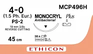 Монокрил Плюс 4/0, нить 45 см, игла 19 мм, Прайм обр.реж. 3/8 (12 шт) - рассасывающийся шовный материал, неокрашенный, MCP496H